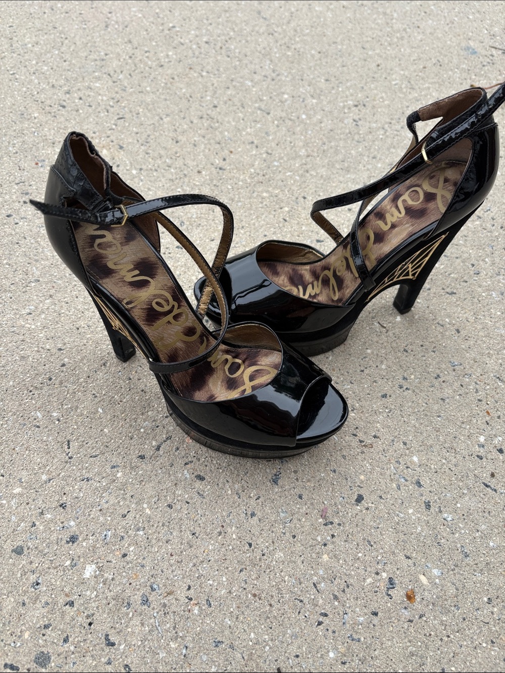 Sam Edelman Black Patent Crisscross Peep-Toe Platform Heels 7.5 spider heel